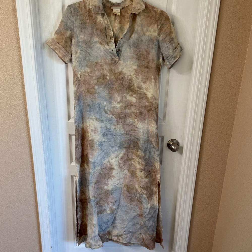 Barbara Lesser Tie-Dye Short Sleeve Linen Dress Sz S